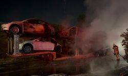 Hareket halindeki tırın dorsesinde bulunan 6 otomobil yandı